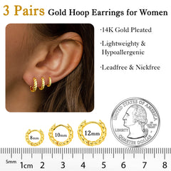 Turandoss 14K Gold Plated Chunky Twisted Huggie Hoops Earrings for Women Trendy Lightweight Small Hoop Hypoallergenic 8-10-12MM Jewelry Gifts for Women