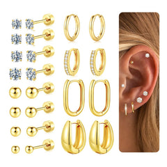 Turandoss 925 Sterling Silver Post Flat Back Stud Earrings for Women - 14K Gold Chunky Hoop Earrings Hypoallergenic Earring Set for Sensitive Ears Jewelry Set for Multiple Piercing Gifts