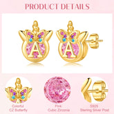 Turandoss Unicorn S925 Sterling Silver Post Hypoallergenic 14K Gold Plated Pink Cz Stud Earrings Jewelry 4 5 6 7 8 9 10 11 12 13 14 15 16 Year Old Birthday Gifts for Tween Teen Teenage Girl Gift Idea