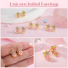 Turandoss Unicorn S925 Sterling Silver Post Hypoallergenic 14K Gold Plated Pink Cz Stud Earrings Jewelry 4 5 6 7 8 9 10 11 12 13 14 15 16 Year Old Birthday Gifts for Tween Teen Teenage Girl Gift Idea