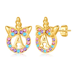 Turandoss 18K Gold Initial Unicorn Earring Gifts for Girls Women - S925 Sterling Silver Post Diamond Stud Earrings Hypoallergenic, Christmas Gifts
