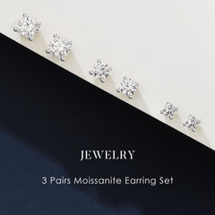 Turandoss 3 Pairs Moissanite Earrings Set for Women 14K White Gold Plated D Color Vvs1 Solid 925 Sterling Silver Hypoallergenic Flat Back Stud Jewelry Gifts for Women Teen Girls