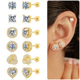 Turandoss 6Pairs Gold Silver Stud Earrings for Women Men - S925 Post Hypoallergenic Flat Back Cubic Zirconia Earring for Piercing, Christmas Gifts