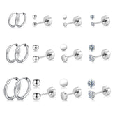 Turandoss Silver Flat Back Stud Earrings Set for Women Girls, Hypoallergenic Hoop Huggie Cartilage Earring, Birthday Valentine's Day Gifts for Women