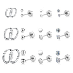 Turandoss Silver Flat Back Stud Earrings Set for Women Girls, Hypoallergenic Hoop Huggie Cartilage Earring, Birthday Valentine's Day Gifts for Women