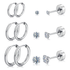 Turandoss Silver Flat Back Stud Earrings Set for Women Girls, Hypoallergenic Hoop Huggie Cartilage Earring, Birthday Valentine's Day Gifts for Women