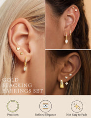 Turandoss 14 Pairs Hypoallergenic Flat Back Earrings for Women 14K Gold Plated Stud & Hoop Earrings Dainty Cartilage Earring Stack Set for Multiple Piercing Jewelry for Women Girls