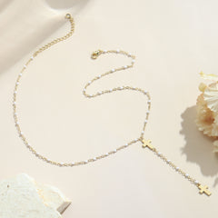 Gold Tiny Cross & Pearl Chain Necklace for Women