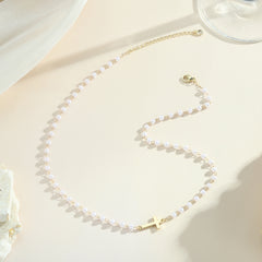 Gold Sideway Cross & Pearl Chain Necklace for Women