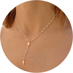 Gold Tiny Cross & Pearl Chain Necklace for Women