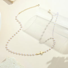 Gold Sideway Cross & Pearl Chain Necklace for Women