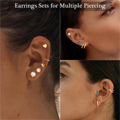 Turandoss 12Pairs Flat Back Stud Earrings Set for Women Girls, Heart CZ Pearl Hoop Huggie Cartilage Earring, Birthday Valentine's Day Gifts for Women