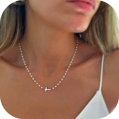 Gold Sideway Cross & Pearl Chain Necklace for Women