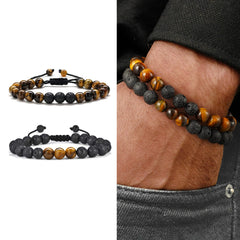 Turandoss 2PCS Natural Tiger Eye Stone Beaded Bracelets for Men Boys, Matte Agate, Lava Rock Bracelet, Birthday Jewelry Gifts for Men Boys, Adjustable