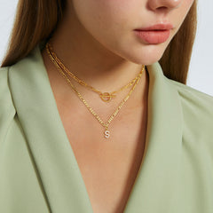 Dainty Gold Layering CZ Pendant Initial Toggle OT Clasp Necklace