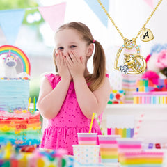 Turandoss Gold Heart Unicorn Necklace for Girls - Initial Zircon Pendant Necklace for Kids 4 -13 Year Old, Unicorn Birthday Gifts for Girls, 18+2.5In