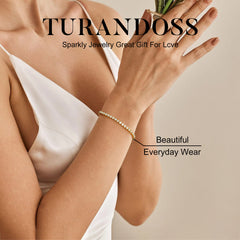Turandoss Gold Silver Cubic Zirconia Bracelets for Women Trendy - Dainty 3mm CZ Classic Gold Bracelet, Silver Jewelry for Women, Christmas Gifts