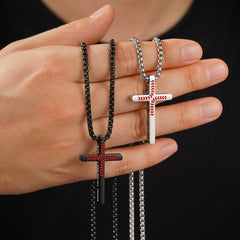 Turandoss 2Pcs Baseball Cross Necklace for Men Boys - Black Silver Stainless Steel Bible Verse Cross Pendant Necklaces, Gifts for Men, Chain 20 inch