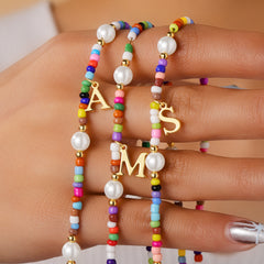 Turandoss Colorful Beaded Necklace for Women Girls, Dainty Gold Initial Pearl Bead Choker Necklace, Cute Birthday Gifts for Girls, 15+2.5Inches, A