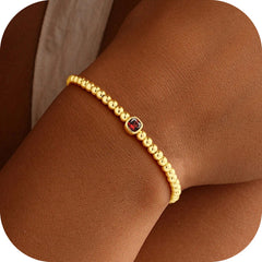 Turandoss January Birthstone Bracelets for Women Dainty Created Garnet Red Square Birthstone Elastic 14K Gold Plated Bracelet Trendy Birthday Jewelry Gifts for Women
