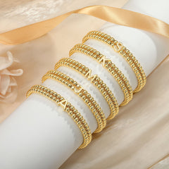 Turandoss Initial Bracelets for Women Dainty 14K Gold Plated Round Bead Ball Letter A Charm Stretch Bracelet Trendy Stack Jewelry Birthday Gifts for Women Sister Wife
