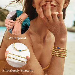 Turandoss 5PCS Birthstone Bracelets for Women, Dainty Layered Emerald 14K Gold Plated Beaded Birthstone Bracelets Set Trendy Waterproof Stackable Jewelry Birthday Valentines Gifts for Women Girls