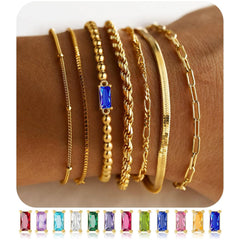 Turandoss Dainty Layered Bracelets for Women Non Tarnish January Red Garnet Birthstone Bracelet 14K Gold Plated Bracelet Stack Set Beaded Bracelet Jewelry Gifts for Women Girls