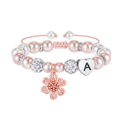 Turandoss Beaded Initial Flower Charm Bracelets Gifts for Flower Girls Pink Pearl Rhinestone Heart Jewelry Birthday Teacher Appreciation Mothers Day Graduation Gifts for Her Mom Kids Teen Wife Ideas