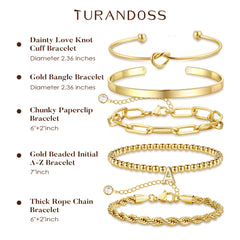 Turandoss Dainty 5PCS Initial A 14K Gold Plated Beaded Stretch Bracelet Non Tarnish Stackable Tie Knot Cuff Twisted Paperclip Bracelet Jewelry Easter Gifts for Women
