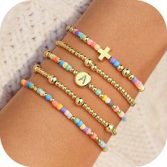 Turandoss Cross Initial Bracelet 14K Gold Plated Disc Letter A Colorful Beaded Bracelets for Women Trendy Stretch Stackable Bracelets Set for Women Birthday Gifts Christian Religious Faith Jewelry