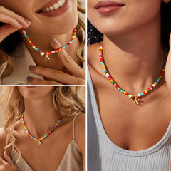 Turandoss Colorful Beaded Initial Choker Necklace for Women 14K Gold Plated Heart & Letter A Pendant Boho Summer Personalized Jewelry Birthday Bridesmaid Gift for Women Teen Girls