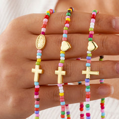 Turandoss Colorful Beaded Cross Necklace for Women Dainty 14K Gold Plated Heart Pendant Necklaces Personalized Cross Beaded Choker Necklace for Women Baptism Christian Religious Gifts