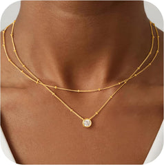 Turandoss Dainty Layered 14K Gold Plated CZ Pendant Necklace for Women Small Cubic Zirconia Pendants Layer Simple Satellite Chain Wave Choker Necklaces Set Stack Trendys Jewelry Gift for Women