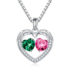 Turandoss Heart Birthstone Necklace for Women 925 Sterling Silver Double Heart Birthstone Pendant CZ Trendy Jewelry Mothers Day Birthday Anniversary Graduation Gifts for Women Wife Her