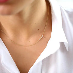 Gold Sideway Diamond Cross Necklace for Women