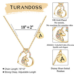 Turandoss 14K Gold Plated Colorful Cz Initial Unicorn Heart Pendant Necklaces for Teens Little Girls Daughter Kids Jewelry Birthday Easter Gifts for Kids Her Women Girls