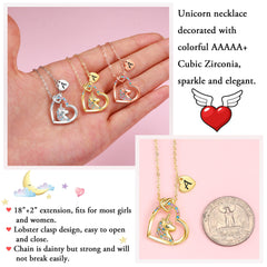 Turandoss 14K Gold Plated Colorful Cz Initial Unicorn Heart Pendant Necklaces for Teens Little Girls Daughter Kids Jewelry Birthday Gifts for Women