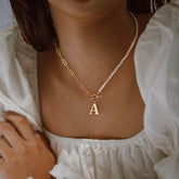 Turandoss 14K Gold Plated Gold Initial Pearl Ot Choker Necklace for Women Dainty Paperclip Link Chain Toggle Clasp Necklace Letter A-Z Jewelry Birthday Easter Gifts Idea for Women Girls Her