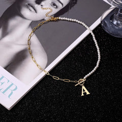 Turandoss 14K Gold Plated Gold Initial Pearl Ot Choker Necklace for Women Dainty Paperclip Link Chain Toggle Clasp Necklace Letter A-Z Jewelry Birthday Easter Gifts Idea for Women Girls Her