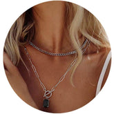 Turandoss Layered Necklaces for Women, 14K White Gold Plated Layering Cuban Link Chain Choker Necklaces Toggle Necklace Dainty Black Rectangle Necklace Boho Jewelry Silver Layered Necklaces for Women