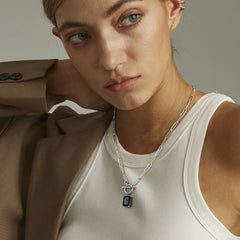 Turandoss Layered Necklaces for Women, 14K White Gold Plated Layering Cuban Link Chain Choker Necklaces Toggle Necklace Dainty Black Rectangle Necklace Boho Jewelry Silver Layered Necklaces for Women