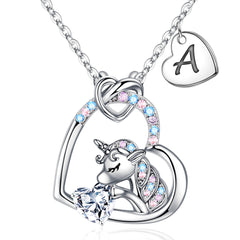 Turandoss 14K White Gold Plated Colorful Cz Initial Unicorn Heart Pendant Necklaces for Women Jewelry Birthday Teacher Appreciation Mothers Day Graduation Gifts for Her Mom Kids Teen Girls Wife Ideas