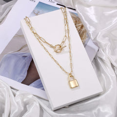 Turandoss Layered Lock Necklaces for Women 14K Gold Plated Toggle Clasp Paperclip Chain Necklace Mini Lock Pendant Necklace Gold Jewelry Padlock Link Chain Necklace for Women Jewelry Gifts