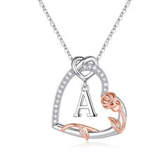 Turandoss Rose Heart Initial Necklaces for Women Trendy 14k Silver Plated CZ Love Pendant Jewelry Birthday Teacher Appreciation Mothers Day Graduation Gifts for Her Mom Kids Teen Girls Wife Ideas