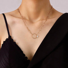 Turandoss Gold Plated Paperclip Chain Necklace for Women 14K Gold Plated Hexagon Pendant Paperclip Chain Cz Oval Screw Clasp Hexagon Pendant Necklaces Gold Paperclip Link Chain for Women Jewelry