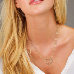 Turandoss Gold Plated Paperclip Chain Necklace for Women, 14K Gold Plated Hexagon Pendant Paperclip Chain Cz Oval Screw Clasp Hexagon Pendant Necklaces Gold Paperclip Link Chain for Women Jewelry