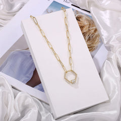 Turandoss Gold Plated Paperclip Chain Necklace for Women 14K Gold Plated Hexagon Pendant Paperclip Chain Cz Oval Screw Clasp Hexagon Pendant Necklaces Gold Paperclip Link Chain for Women Jewelry