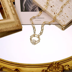 Turandoss Gold Plated Paperclip Chain Necklace for Women 14K Gold Plated Hexagon Pendant Paperclip Chain Cz Oval Screw Clasp Hexagon Pendant Necklaces Gold Paperclip Link Chain for Women Jewelry