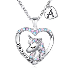 Turandoss Heart Unicorn Initial Necklace for Women 14K White Plated Colorful CZ Pendant Jewelry Birthday Teacher Appreciation Mothers Day Graduation Gifts for Her Mom Kids Teen Girls Wife Ideas
