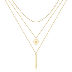 Turandoss 14K Gold Plated Coin Initial Layered Bar Pendant Y-Necklaces for Women Jewelry Personalized Birthday Teacher Appreciation Mothers Day Graduation Gifts for Her Mom Kids Teen Girls Wife Ideas